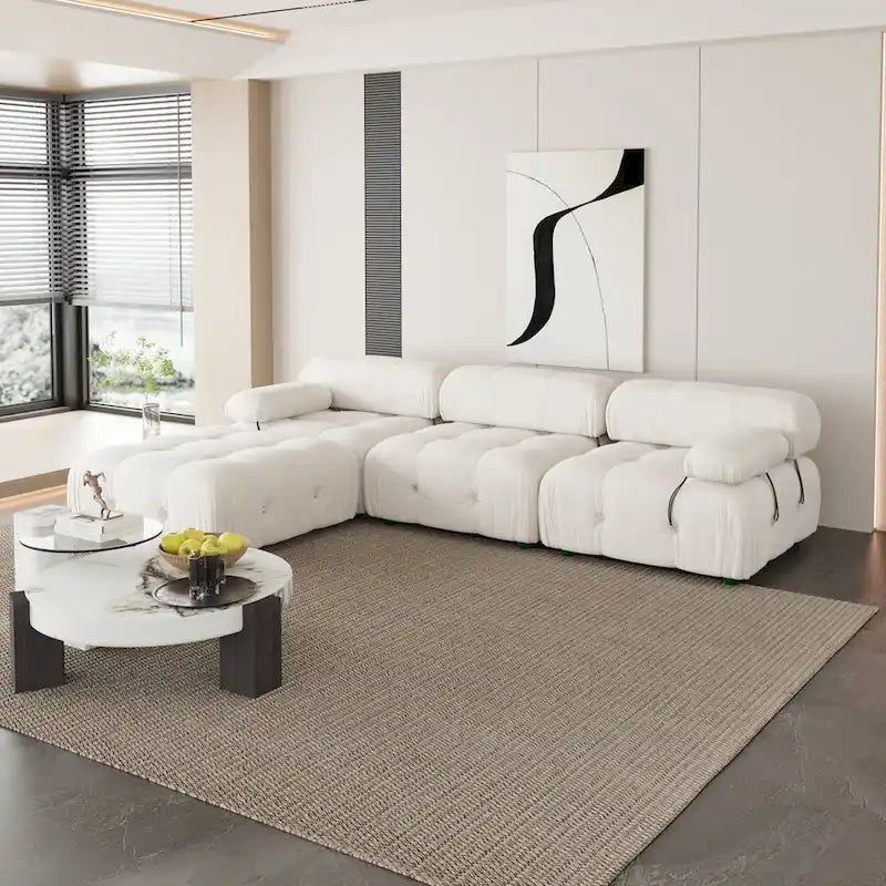 Canapé d'angle en velours avec pouf