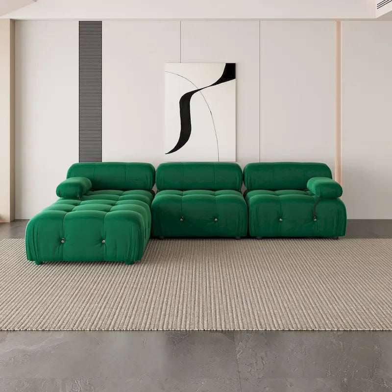 Canapé d'angle en velours avec pouf