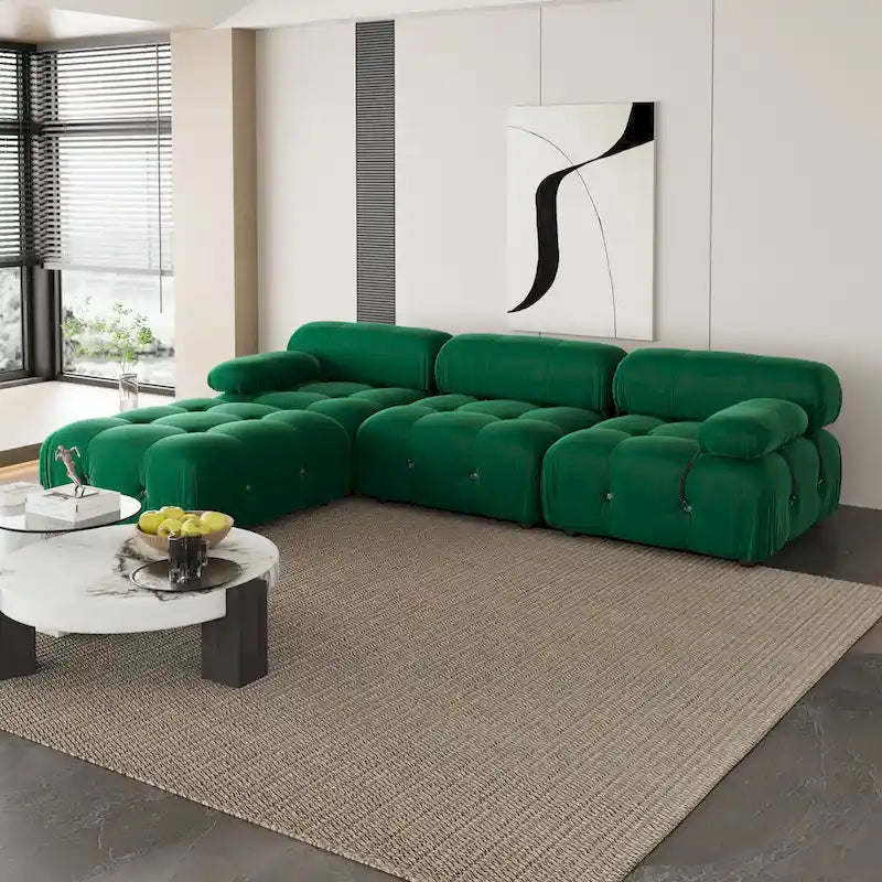 Canapé d'angle en velours avec pouf