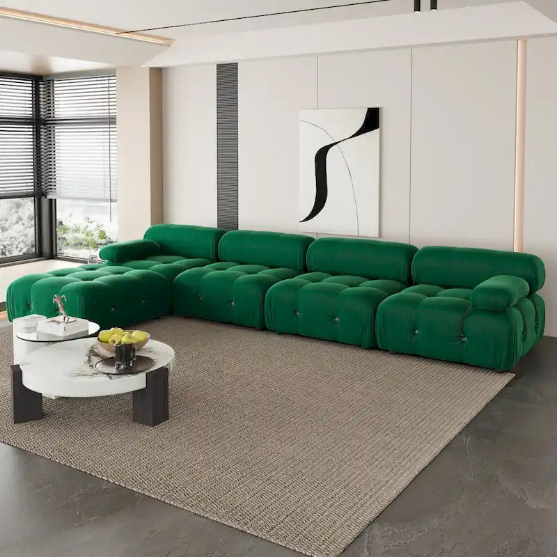 Canapé d'angle en velours avec pouf