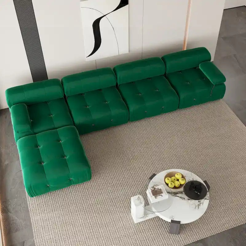 Canapé d'angle en velours avec pouf