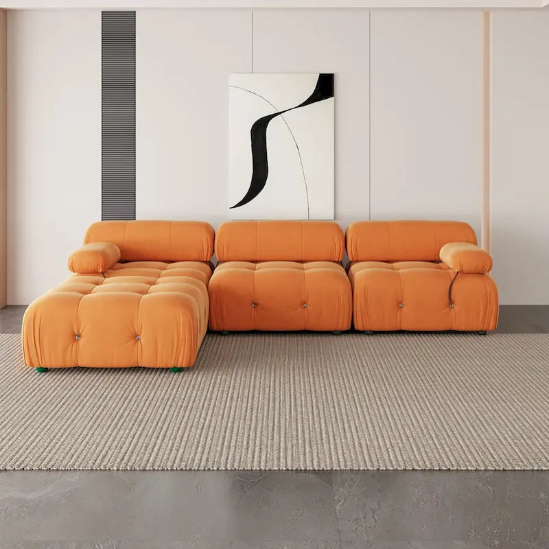 Canapé d'angle en velours avec pouf