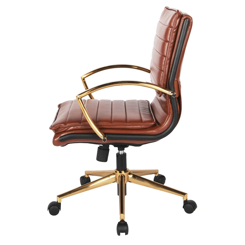 Chaise de bureau mi-haute en similicuir avec piètement doré