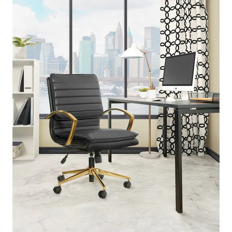 Chaise de bureau mi-haute en similicuir avec piètement doré