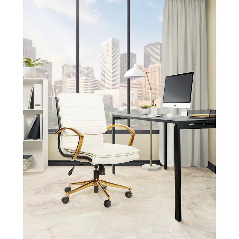 Chaise de bureau mi-haute en similicuir avec piètement doré