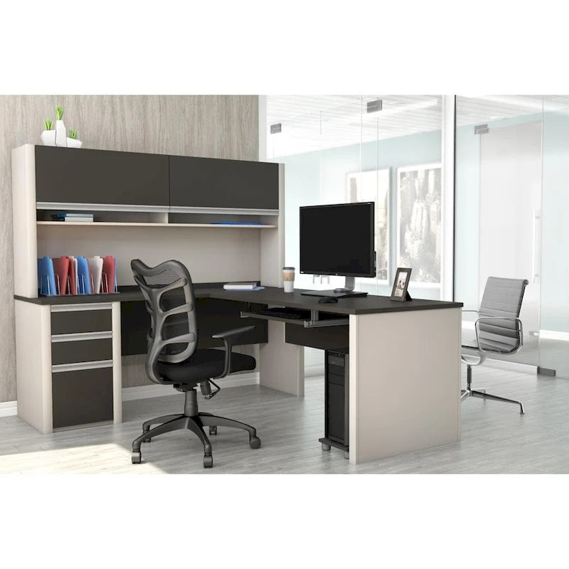 Bureau d'angle 72W avec huche et caisson – Solution de rangement et d'espace de travail