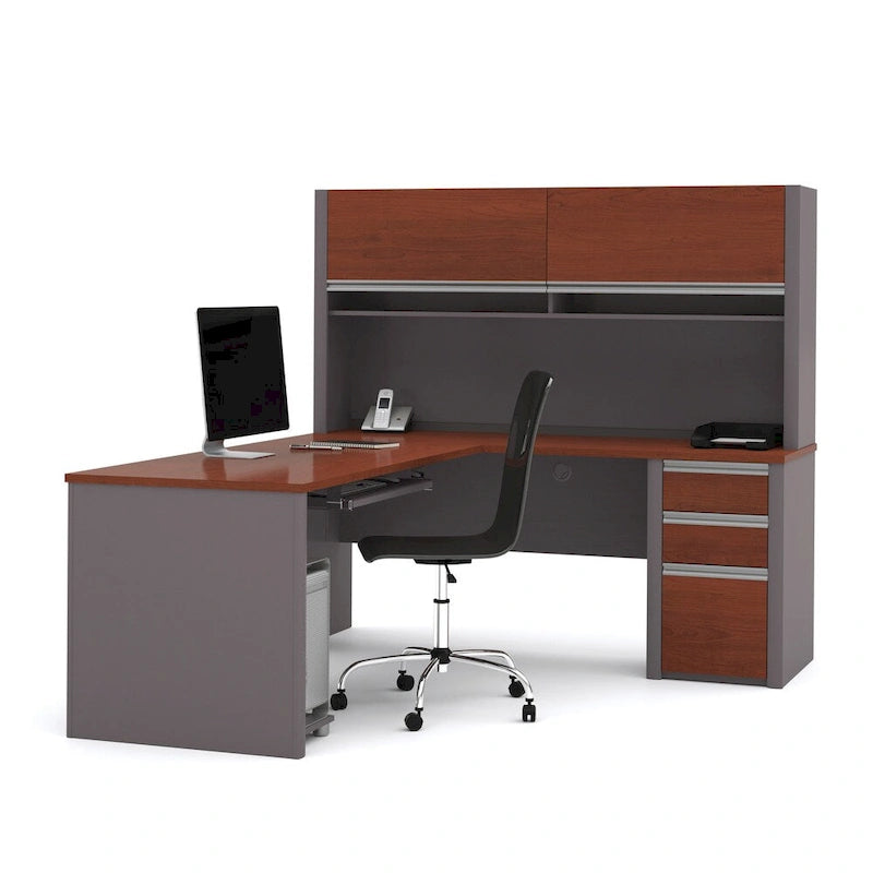 Bureau d'angle 72W avec huche et caisson – Solution de rangement et d'espace de travail