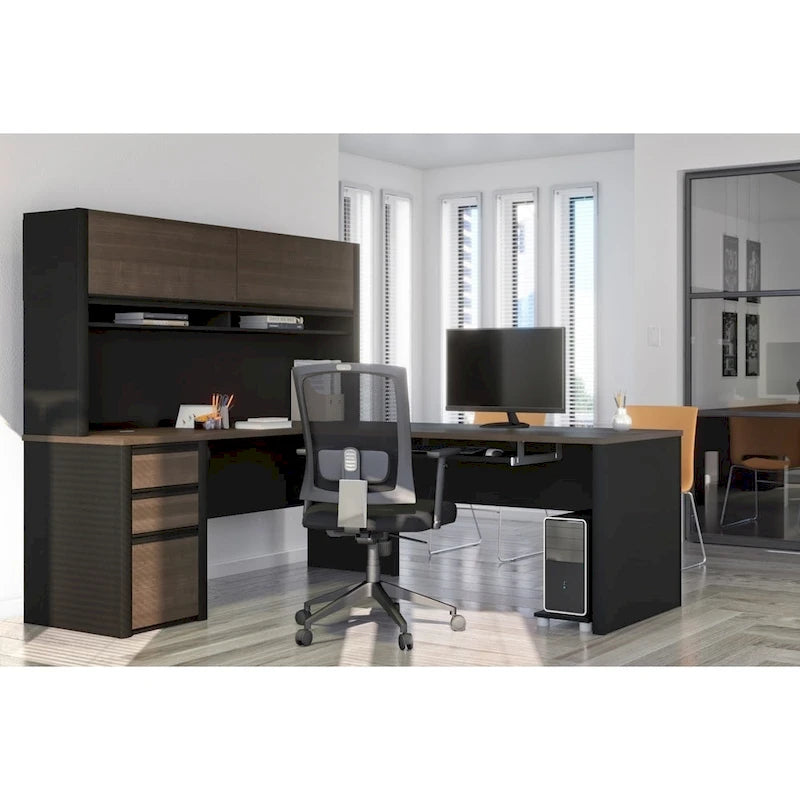 Bureau d'angle 72W avec huche et caisson – Solution de rangement et d'espace de travail