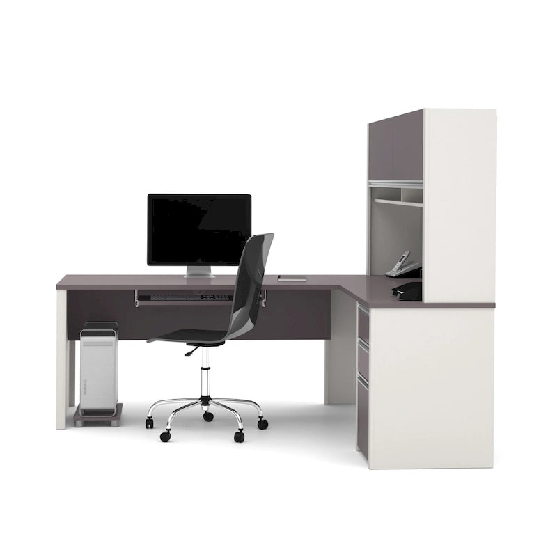 Bureau d'angle 72W avec huche et caisson – Solution de rangement et d'espace de travail