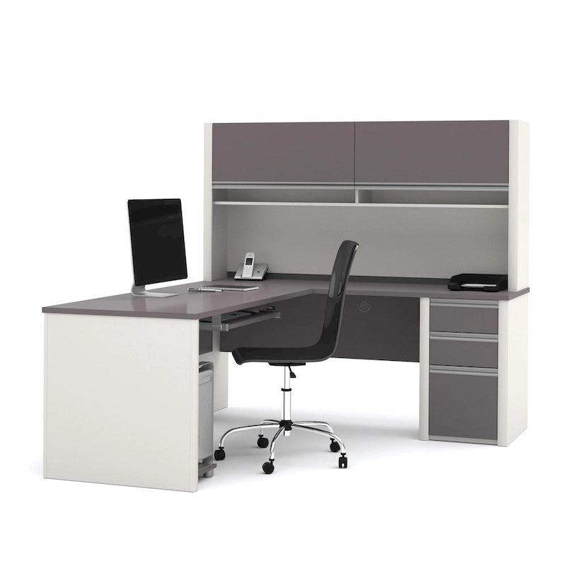 Bureau d'angle 72W avec huche et caisson – Solution de rangement et d'espace de travail