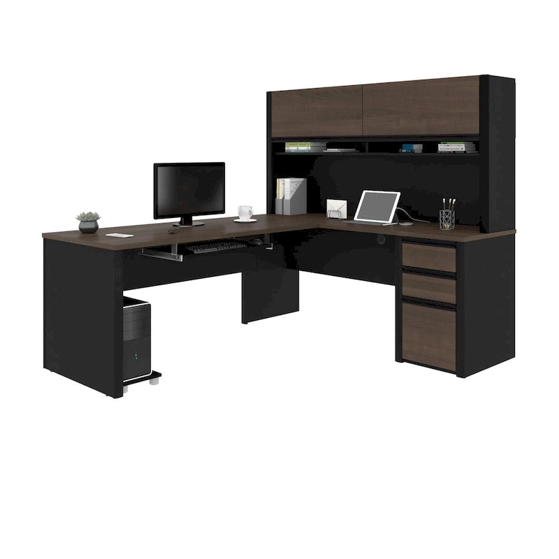 Bureau d'angle 72W avec huche et caisson – Solution de rangement et d'espace de travail