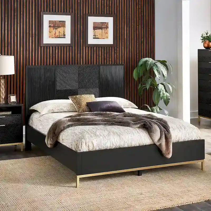 Ensemble de chambre à coucher 5 pièces Chevron sculpté – Lit à panneaux de bois, commode, miroir et tables de chevet