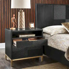Ensemble de chambre à coucher 5 pièces Chevron sculpté – Lit à panneaux de bois, commode, miroir et tables de chevet
