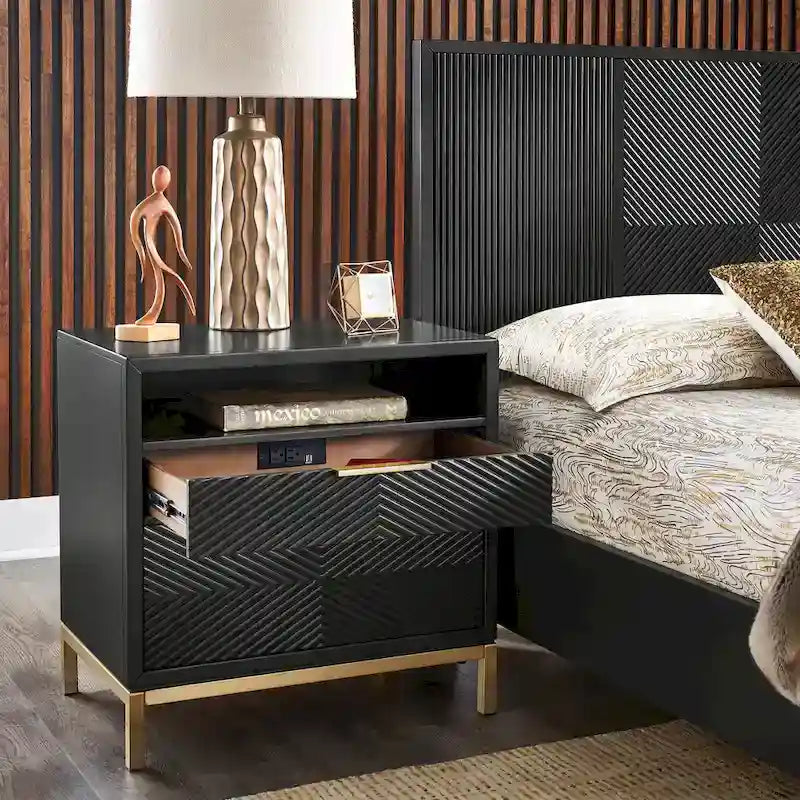Ensemble de chambre à coucher 5 pièces Chevron sculpté – Lit à panneaux de bois, commode, miroir et tables de chevet