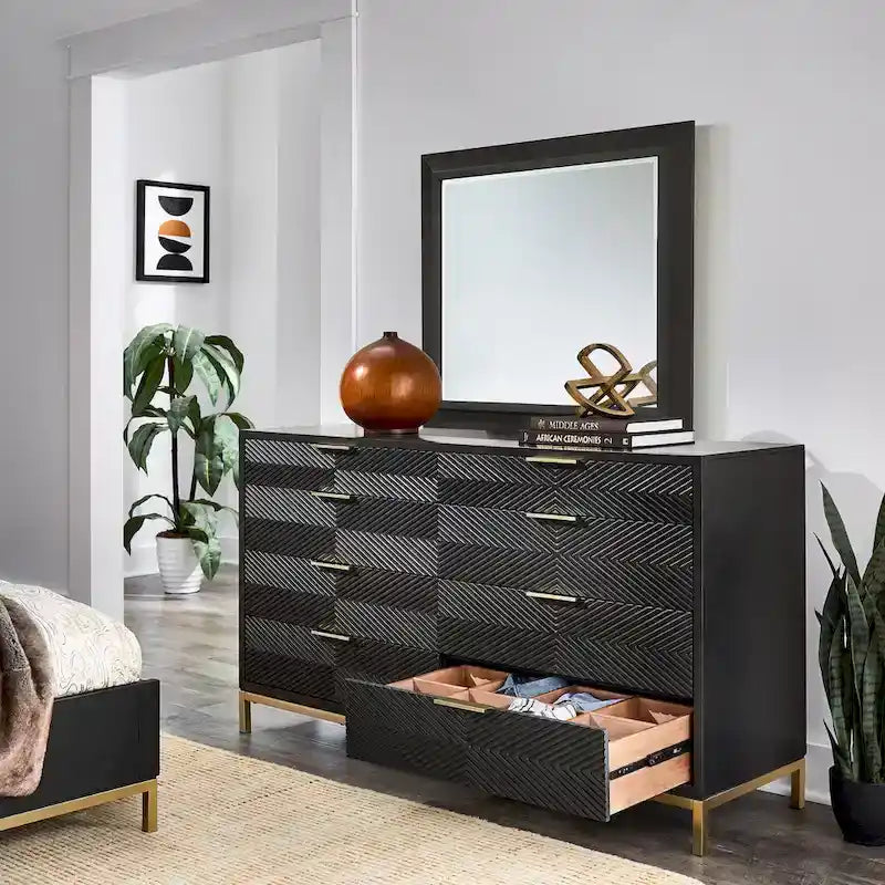 Ensemble de chambre à coucher 5 pièces Chevron sculpté – Lit à panneaux de bois, commode, miroir et tables de chevet
