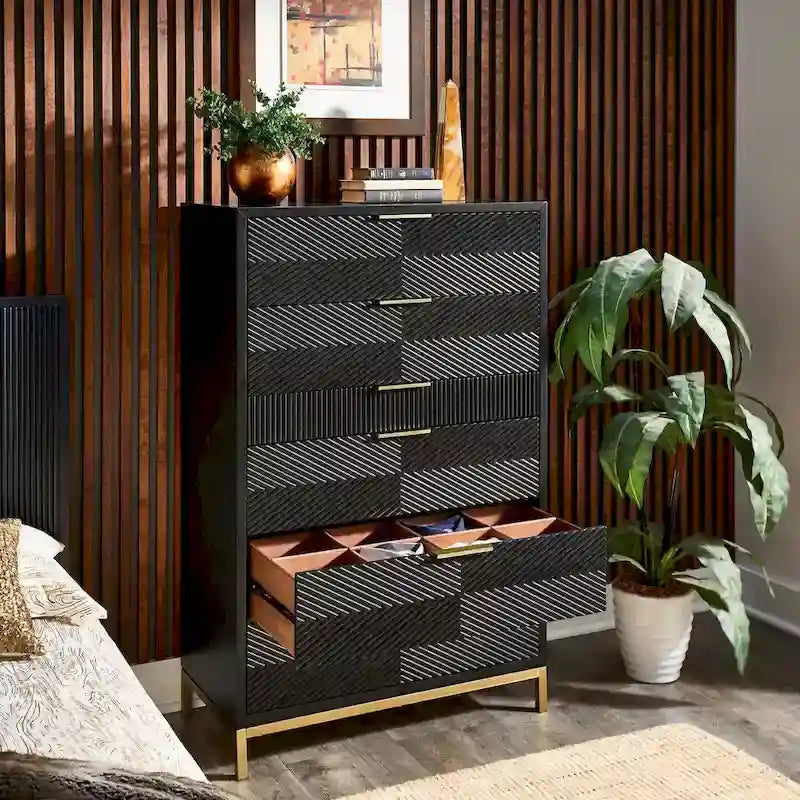 Ensemble de chambre à coucher 5 pièces Chevron sculpté – Lit à panneaux de bois, commode, miroir et tables de chevet