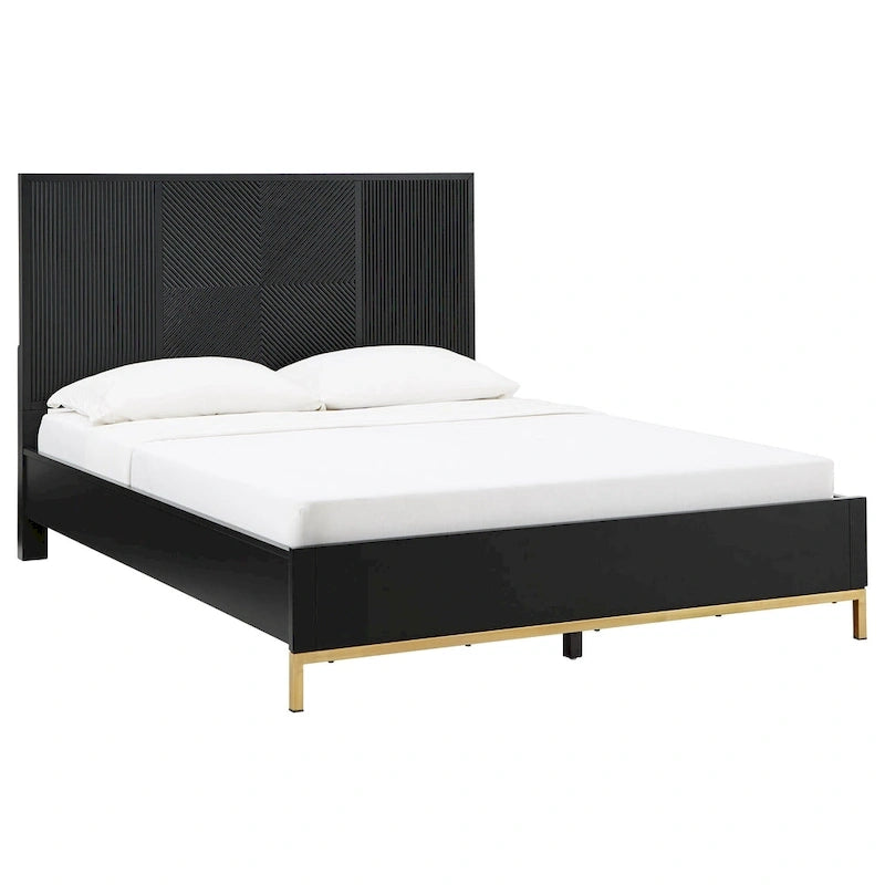 Ensemble de chambre à coucher 5 pièces Chevron sculpté – Lit à panneaux de bois, commode, miroir et tables de chevet