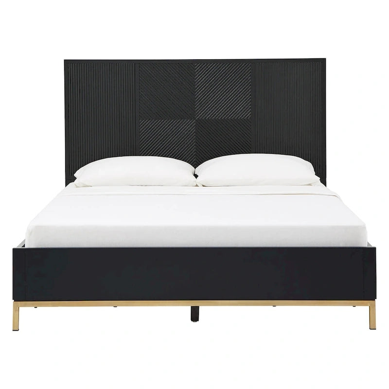 Ensemble de chambre à coucher 5 pièces Chevron sculpté – Lit à panneaux de bois, commode, miroir et tables de chevet