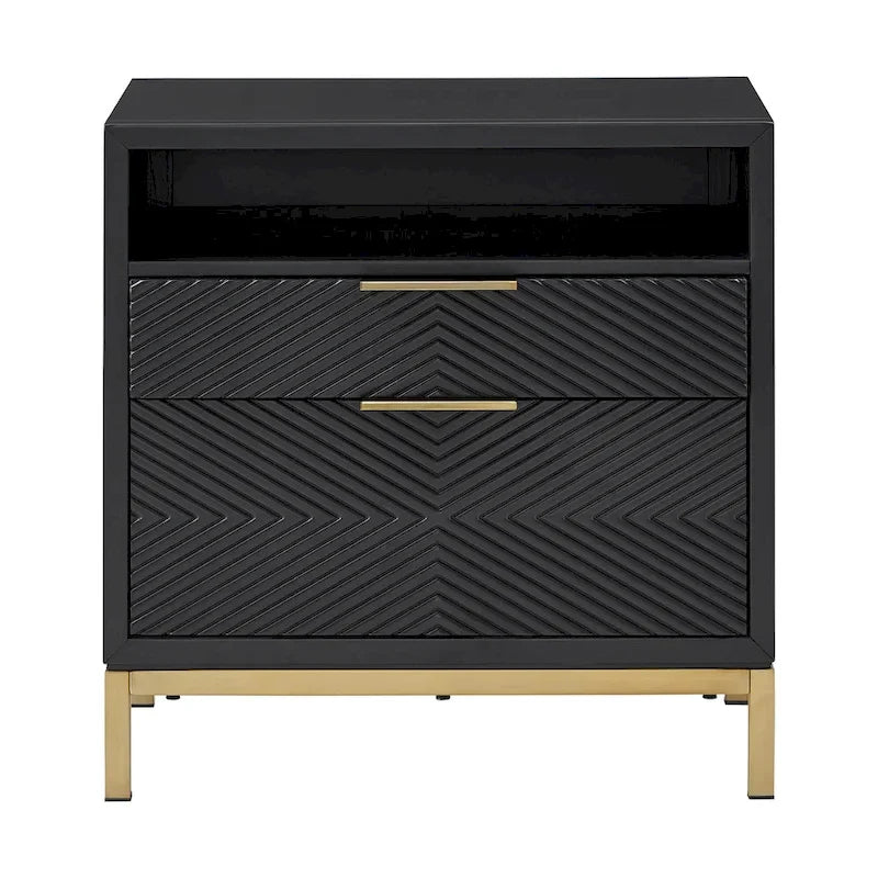 Ensemble de chambre à coucher 5 pièces Chevron sculpté – Lit à panneaux de bois, commode, miroir et tables de chevet