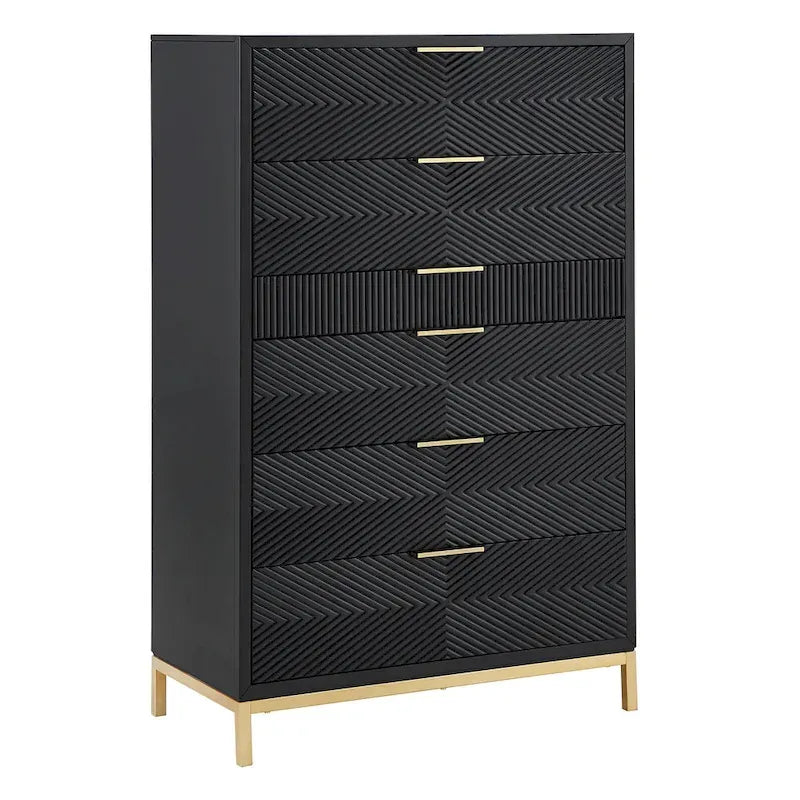 Ensemble de chambre à coucher 5 pièces Chevron sculpté – Lit à panneaux de bois, commode, miroir et tables de chevet