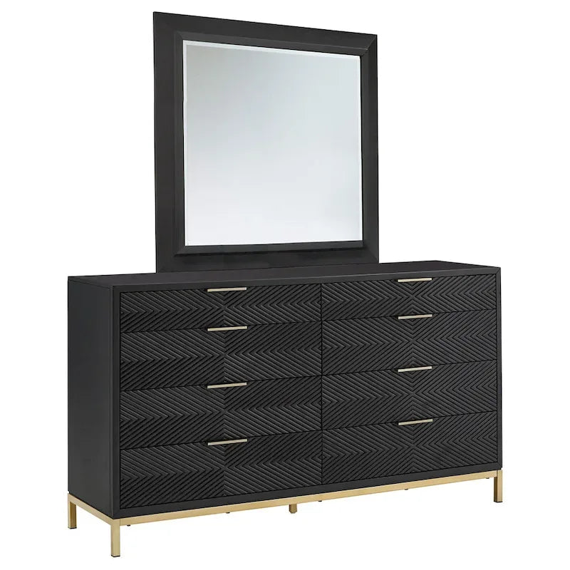 Ensemble de chambre à coucher 5 pièces Chevron sculpté – Lit à panneaux de bois, commode, miroir et tables de chevet