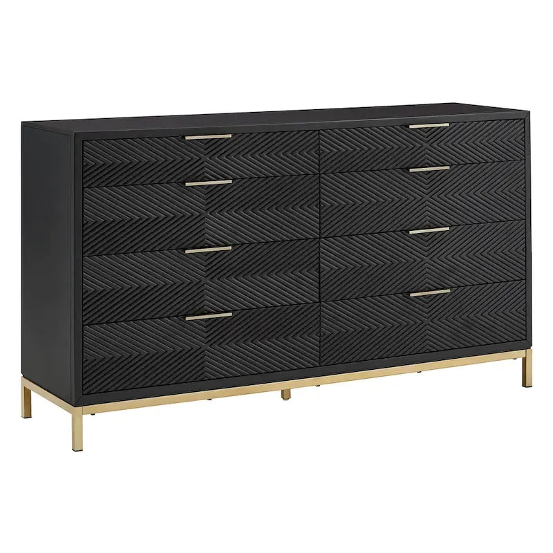 Ensemble de chambre à coucher 5 pièces Chevron sculpté – Lit à panneaux de bois, commode, miroir et tables de chevet