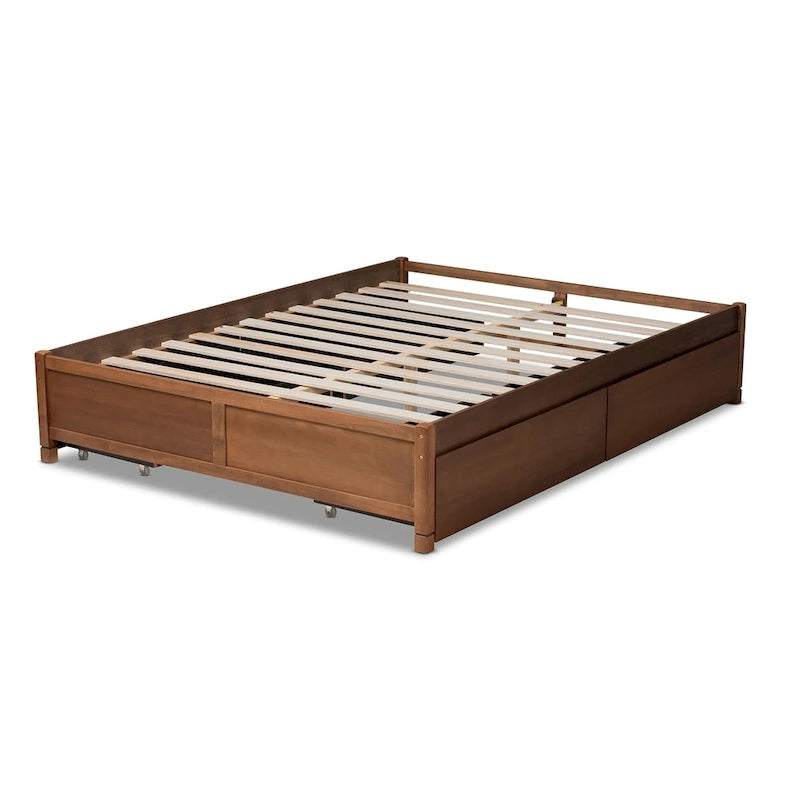Cadre de lit plateforme brun noyer avec 4 tiroirs de rangement