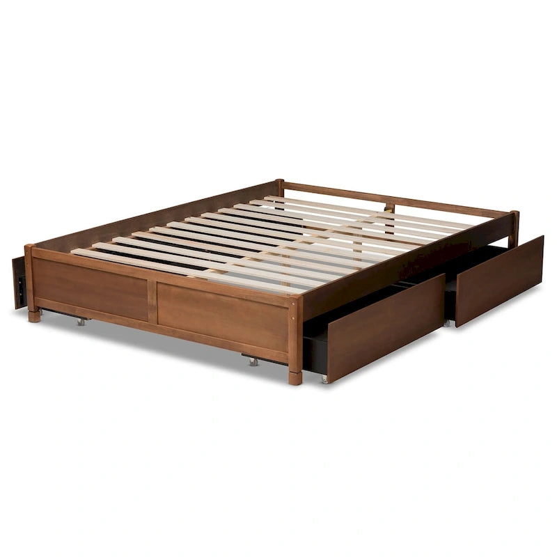 Cadre de lit plateforme brun noyer avec 4 tiroirs de rangement