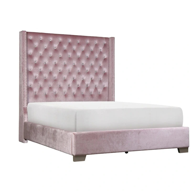 Lit capitonné en velours rose Newell – Tête de lit capitonnée à boutons, King & Queen