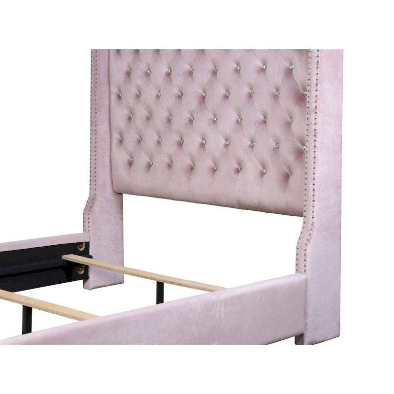 Lit capitonné en velours rose Newell – Tête de lit capitonnée à boutons, King & Queen