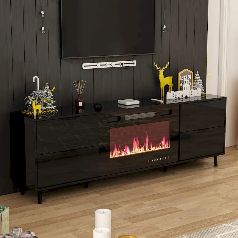 Meuble TV laqué brillant avec cheminée électrique en option