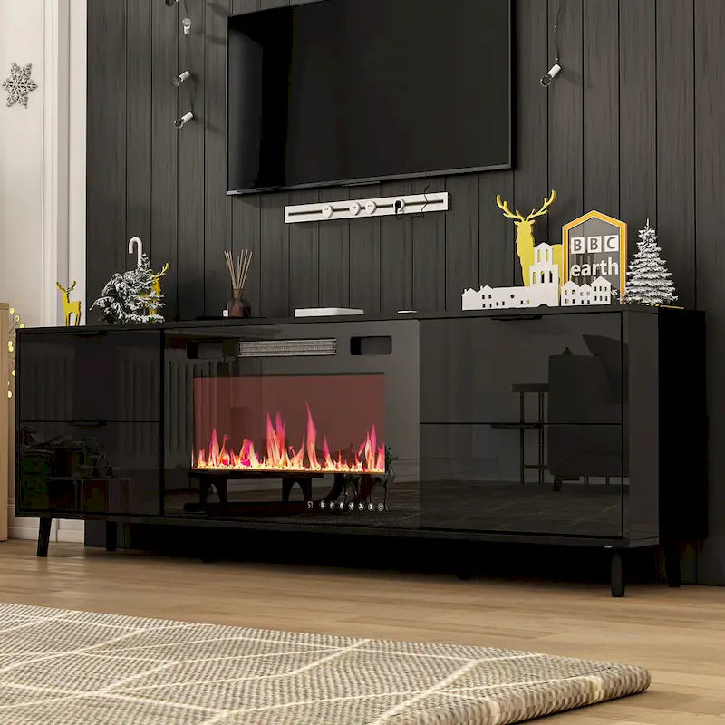 Meuble TV laqué brillant avec cheminée électrique en option