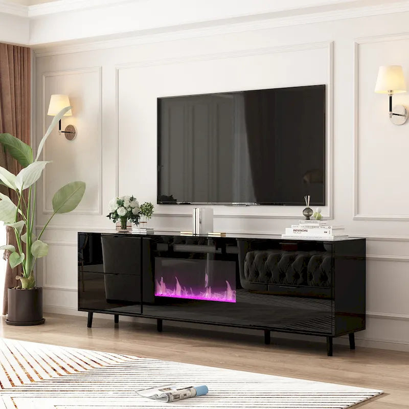 Meuble TV laqué brillant avec cheminée électrique en option