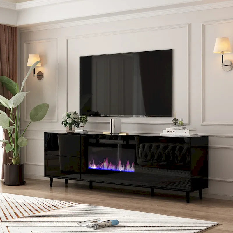 Meuble TV laqué brillant avec cheminée électrique en option