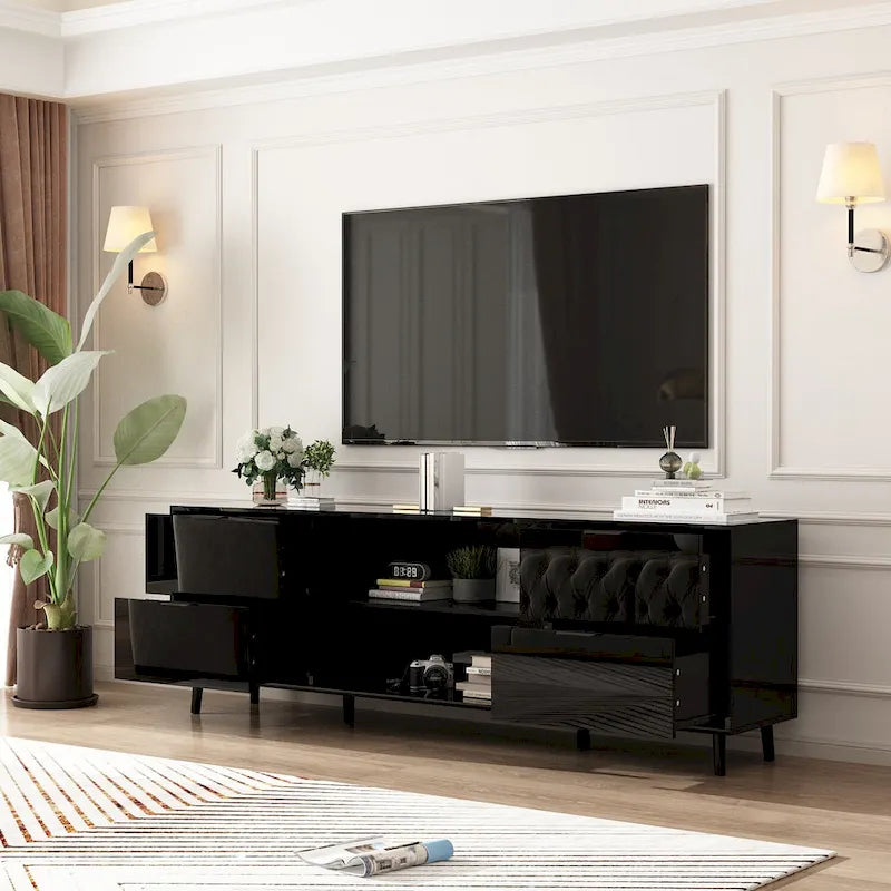 Meuble TV laqué brillant avec cheminée électrique en option