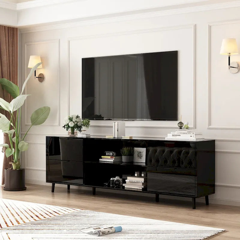 Meuble TV laqué brillant avec cheminée électrique en option