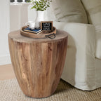 Arthur Handcarved Cylindrical Shape Round Mango Wood Distressed Wooden Side End Table, Brown