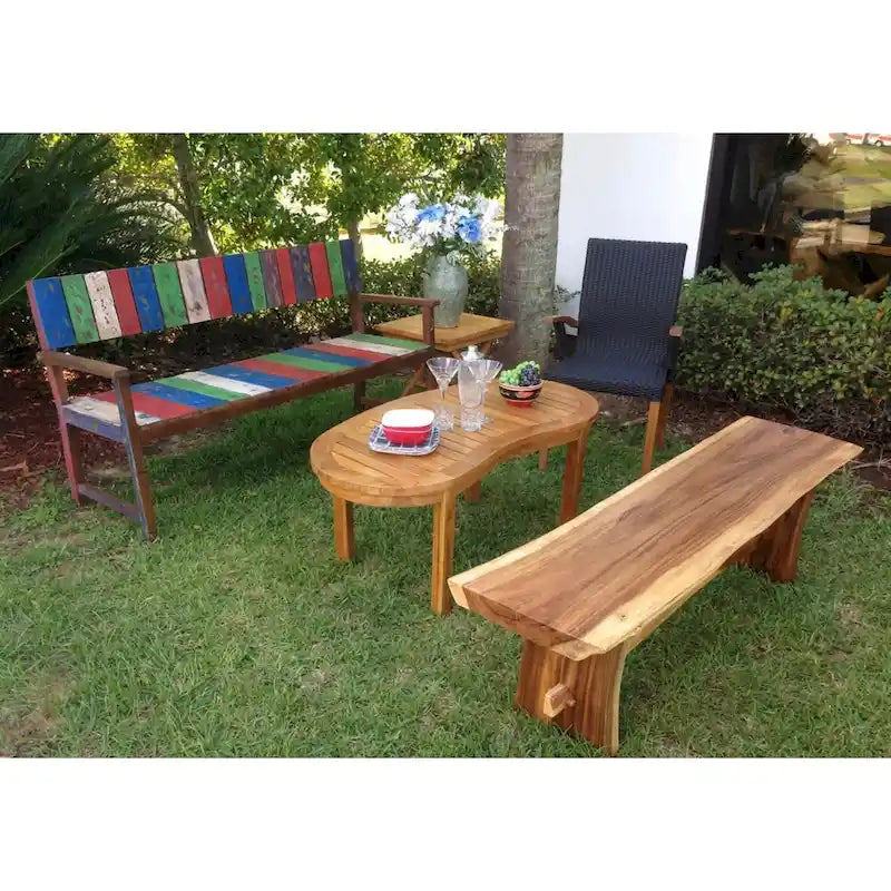 Banc sans dossier en bois de Suar massif à bord naturel – Fait main, 175 cm de large, Intérieur/Extérieur