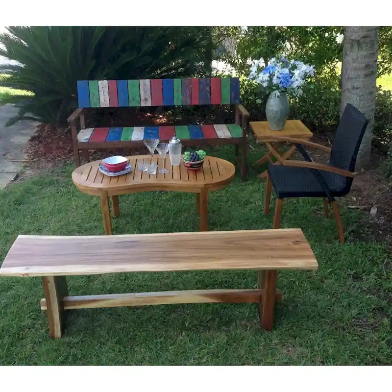 Banc sans dossier en bois de Suar massif à bord naturel – Fait main, 175 cm de large, Intérieur/Extérieur