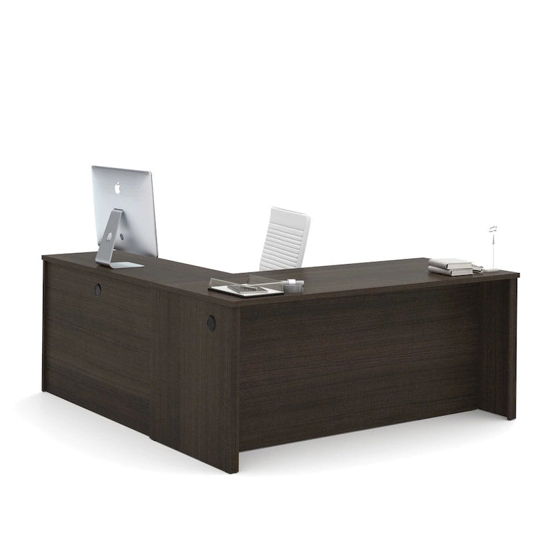 Bureau d'angle marron avec tiroir pour clavier et 3 tiroirs