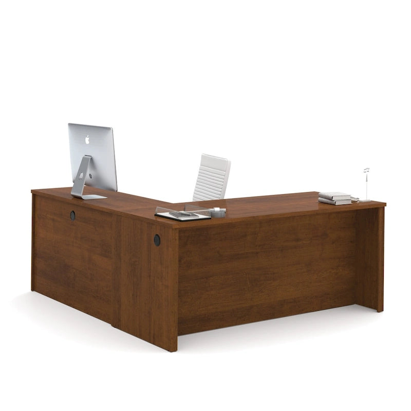 Bureau d'angle marron avec tiroir pour clavier et 3 tiroirs