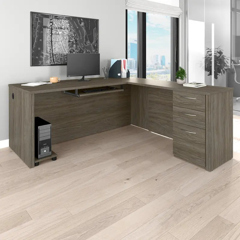 Bureau d'angle marron avec tiroir pour clavier et 3 tiroirs