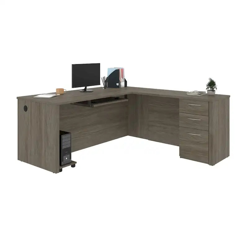 Bureau d'angle marron avec tiroir pour clavier et 3 tiroirs