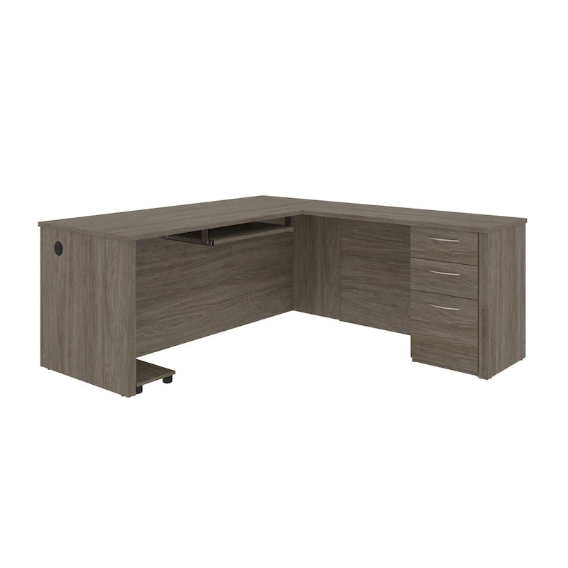 Bureau d'angle marron avec tiroir pour clavier et 3 tiroirs