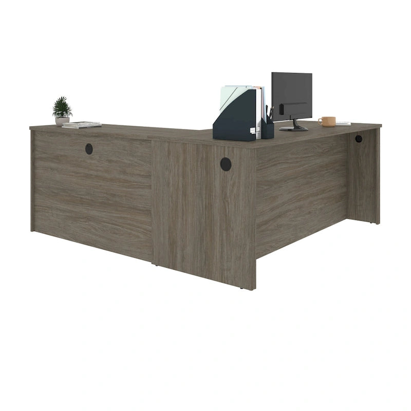 Bureau d'angle marron avec tiroir pour clavier et 3 tiroirs