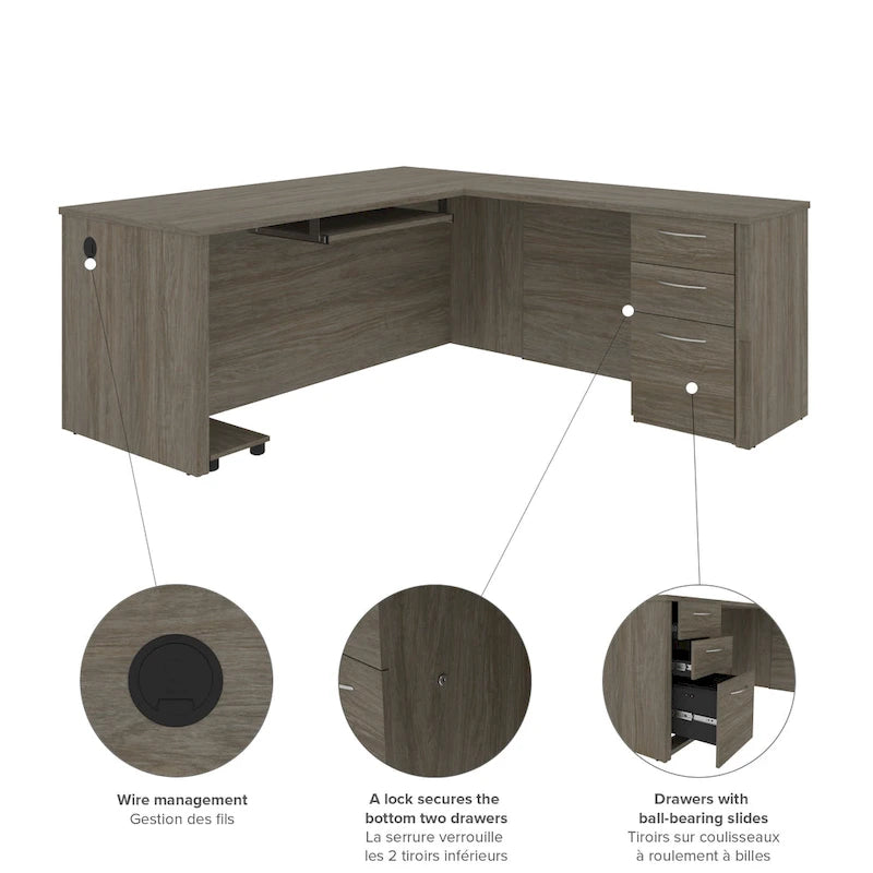 Bureau d'angle marron avec tiroir pour clavier et 3 tiroirs