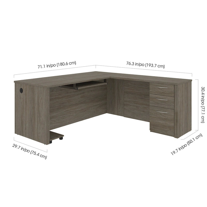 Bureau d'angle marron avec tiroir pour clavier et 3 tiroirs