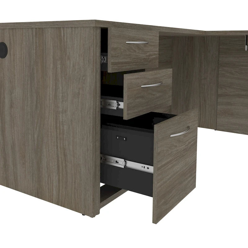Bureau d'angle marron avec tiroir pour clavier et 3 tiroirs