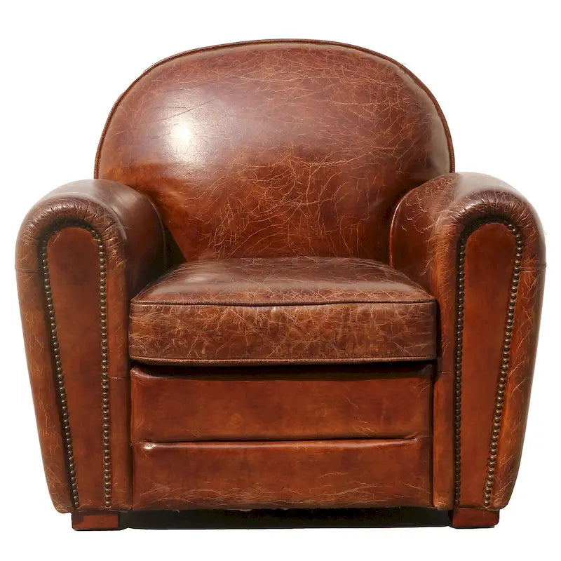 Fauteuil club en cuir véritable – Marron, Siège d'appoint classique pour salon