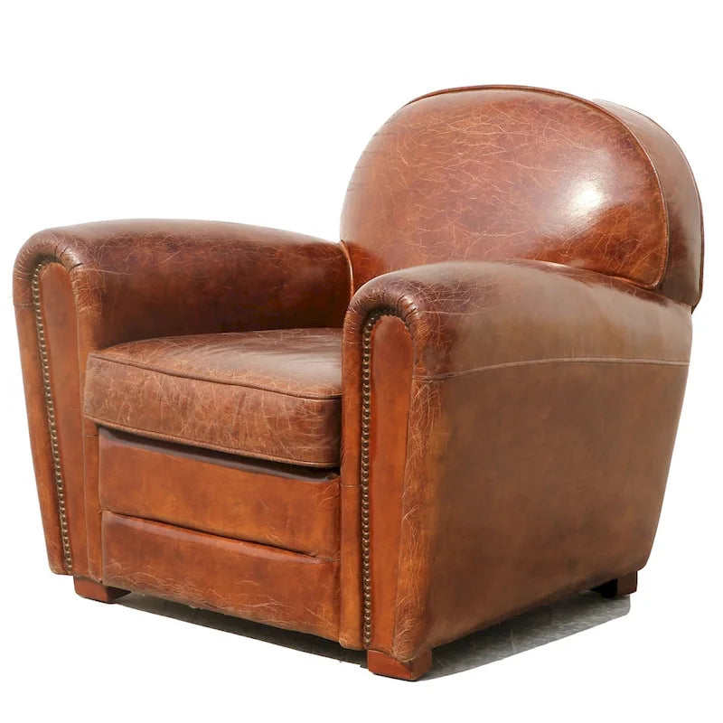 Fauteuil club en cuir véritable – Marron, Siège d'appoint classique pour salon
